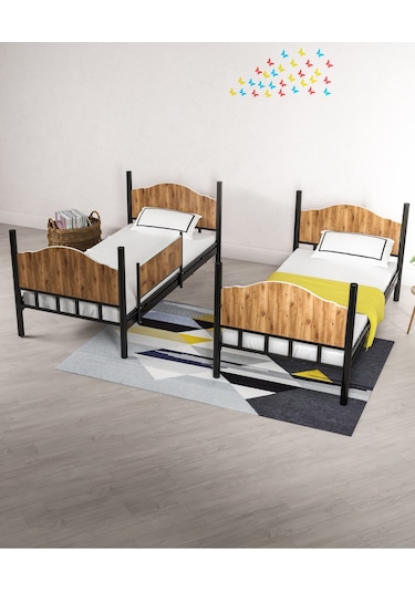 Ejder metal Metal Ahşaplı Ranza Siyah-ceviz Renk (YATAKSIZ)