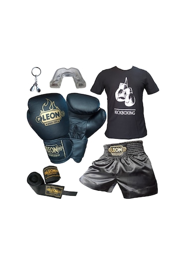 Kogam Leon Blade Boks Eldiveni, Kick Boks Şortu, Tişört, Bandaj,Siyah