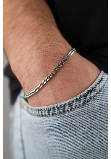 İnce Yassı Sık Zincirli Spor Erkek Çelik Zincir Bileklik 3mm 21cm Eck13b Gümüş