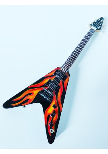 El Yapımı 1/4 Ölçek Minyatür Elektro Gitar Esp Flying V Flames