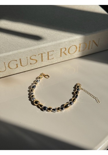 Çift Renk Taş Formlu Kadın Çelik Bileklik Altın & Gümüş Detaylı Altın