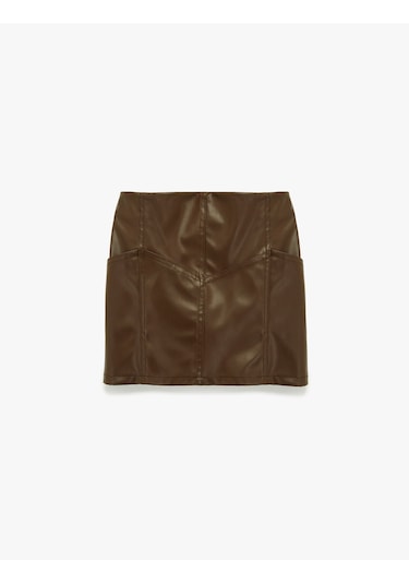 Koton Beli Lastikli Diz Üstü Deri Görünümlü Etek Kahverengi 6wkg70019ak Kahve