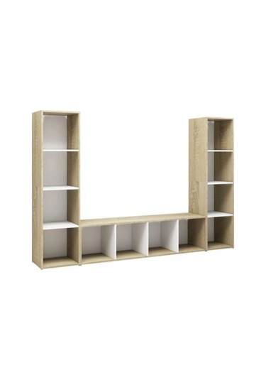 Er Kitaplıklı Televizyon Sehpası Ünitesi - Kitaplık-meşe Beyaz 180 Cm 12 Raflı Meşe - Beyaz