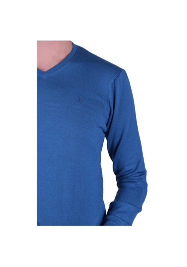 Erkek V Yaka Triko Kazak Mavi Regular Fit Pamuklu, Ot-Kzk-20003 Mavi
