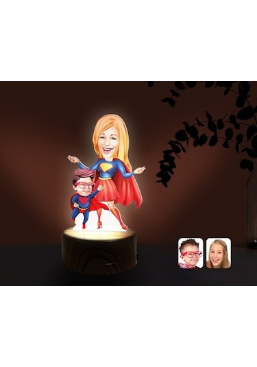 Kişiye Özel Süper Anne Ve Çocuk Karikatürlü Dekoratif 3D Biblo Le