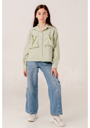 Kız Çocuk Körük Cepli Gömlek 3155 Yeşil