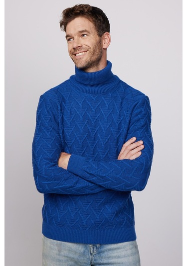 Slim Fit Dar Kesim Tam Balıkçı Yaka Desenli Lacivert Erkek Triko Kazak-28664 Lacivert