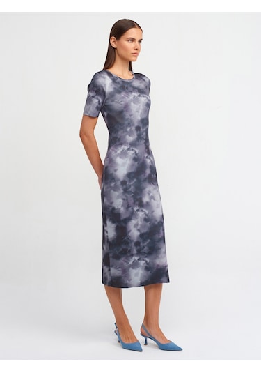 Dilvin Bisiklet Yaka Kısa Kol Baskılı Triko Elbise Füme