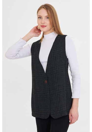 Armonika Kadın Haki V Yaka Tek Düğmeli Oversize Desenli Yelek Arm-25k001110