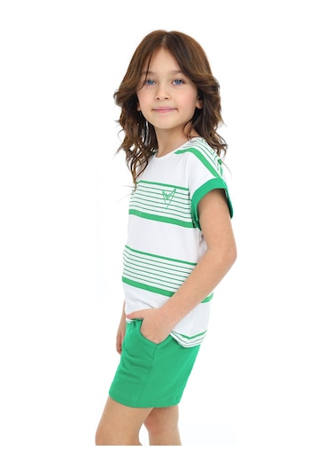 Toontoy Kız Çocuk Çizgili Kalp Nakışlı Şortlu Takım Çimen Yeşili