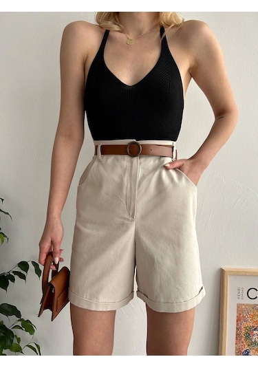 Kazax Gabardin Kumaş Şort Bej