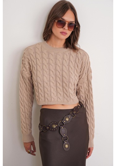 6863 Kadın Saç Örgülü Crop Triko Kazak Vizon Vizon