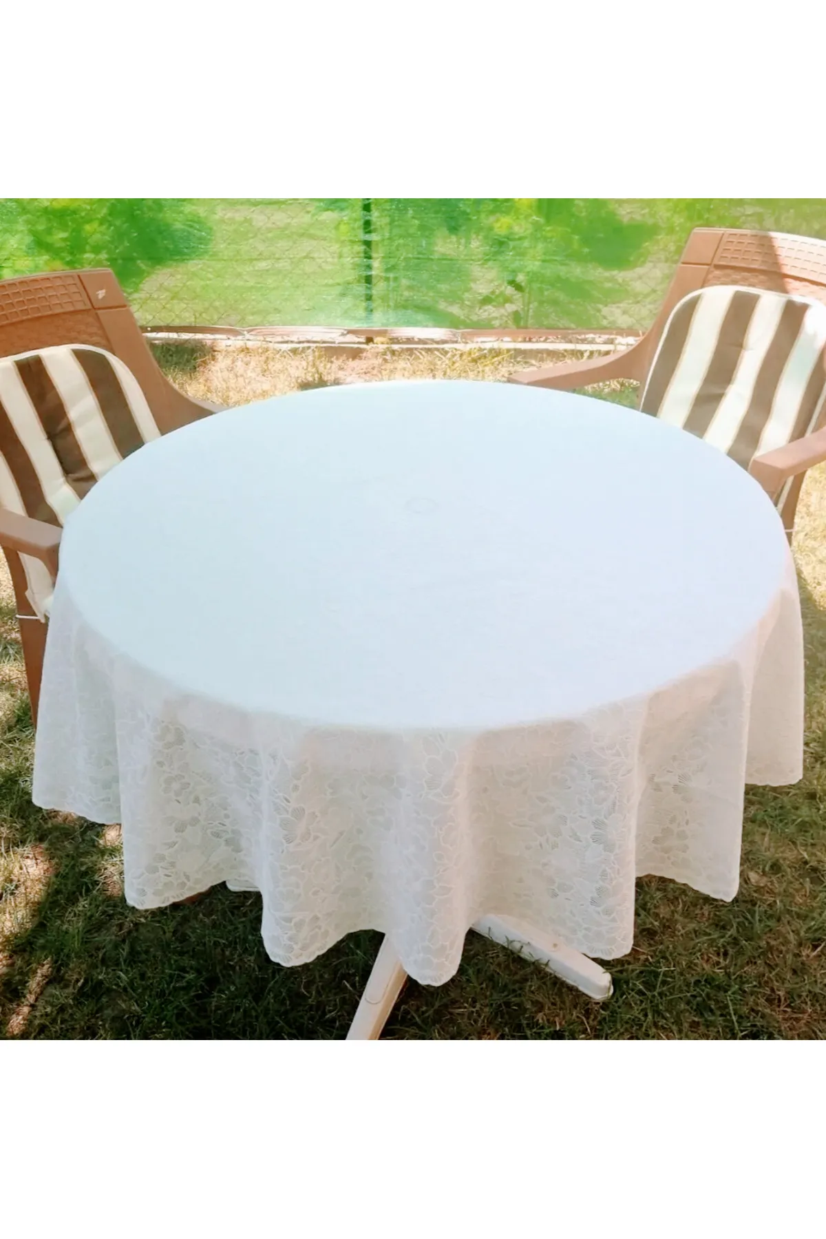 Yuvarlak Dantel Görünümlü Pvc Muşamba Mutfak Masa Örtüsü Sıvı Geçirmez Silinebilir /ebat: 150 Cm Beyaz