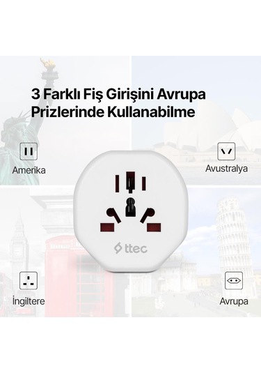 Ttec Akım Korumalı 10a/250v Amerikan/avrupa/ingiliz Tipi Priz Dönüştürücü Priz Çevirici Adaptör Priz