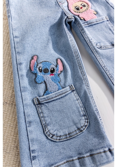 Babymod Figürlü Likralı Denim Kız Çocuk Kot Pantolon Mavi