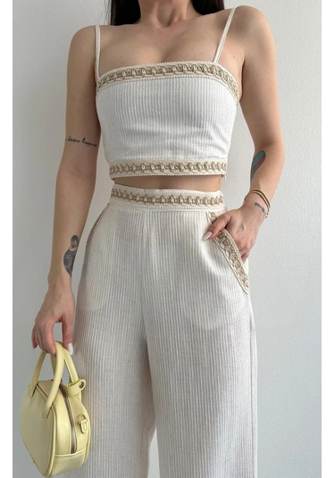 Çizgi Dokulu Dantel Şeritli Cepli Beli Lastikli Pantolon Sırt Lastikli Spor Büstiyer Keten Takım Bej