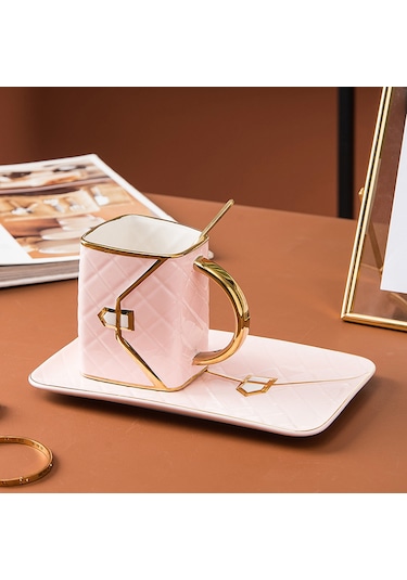 Özel Çanta Şeklinde Kahve Fincan Tabağı Ve Kaşık Seti Pembe Pembe