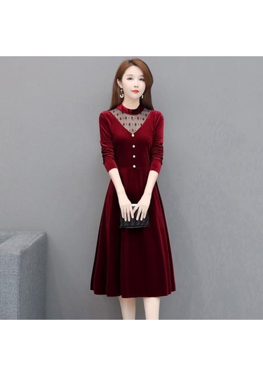 Ofis Bayan Zarif Kadife Elbise O-boyun Hollow Out Örgü Iplik Dikiş Evaze Elbise Uzun Kollu Düğmeler Dekor Gevşek Hem Midi Elbise Kırmızı Ofis Bayan Zarif Kadife Elbise O-boyun Hollow Out Örgü Iplik Dikiş Evaze Elbise Uzun Kollu Düğmeler Dekor Gevşek Hem Midi Elbise Kırmızı