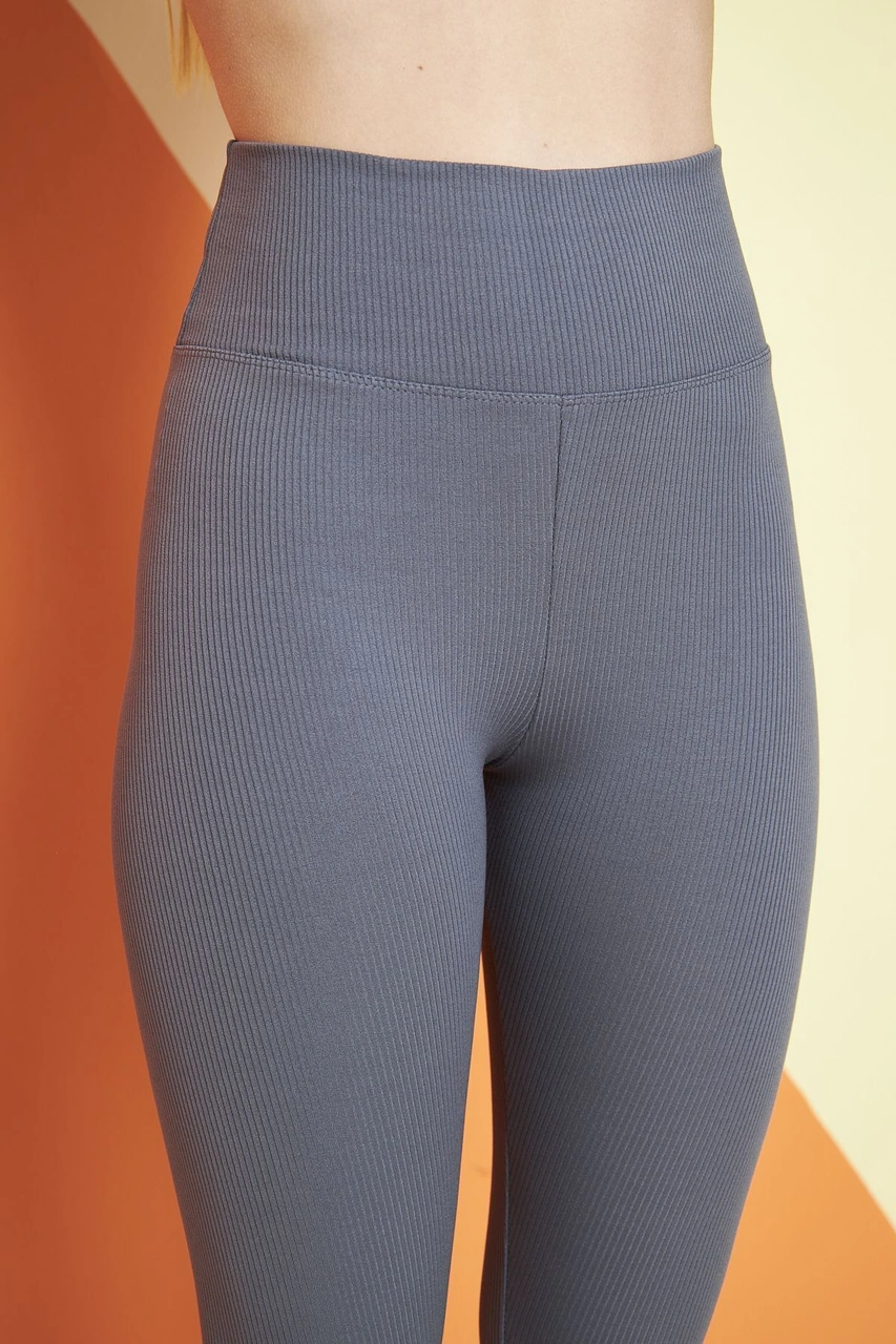 Bej Yüksek Bel Fitilli Toparlayıcı Interlok Örme Spor Dar Paça Kadın Tayt Antrasit