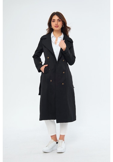 %100 Pamuk Ekstra Uzun 120cm Kruvaze Kadın Trençkot 1121 Siyah