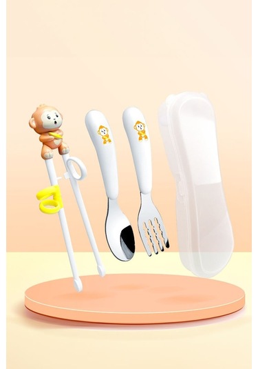 304 Çelik Maymun Bebek Çocuk Kaşık Çatal Chopstick Set Cin771 Beyaz