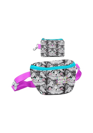 Coral High Kız Çocuk Gri Kedi Desenli Bel Çantası Ve Bozuk Para Cüzdanı Set Çok Renkli