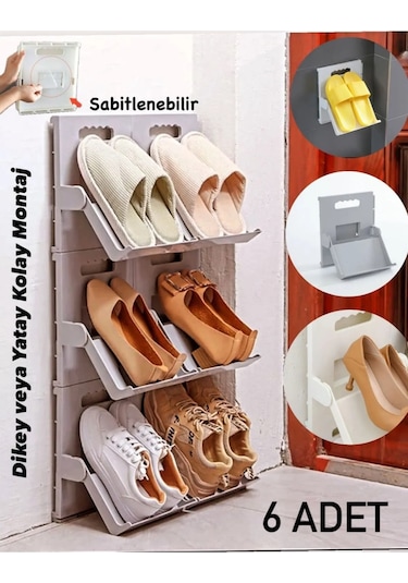 6 Adet Lyon Gri Ayakkabı Rafı Dikey İstiflenebilir Çok Katmanlı Y Gri