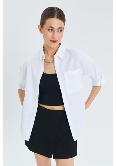 9942 Kadın Oxford Uzun Kol Basic Gömlek Beyaz Beyaz