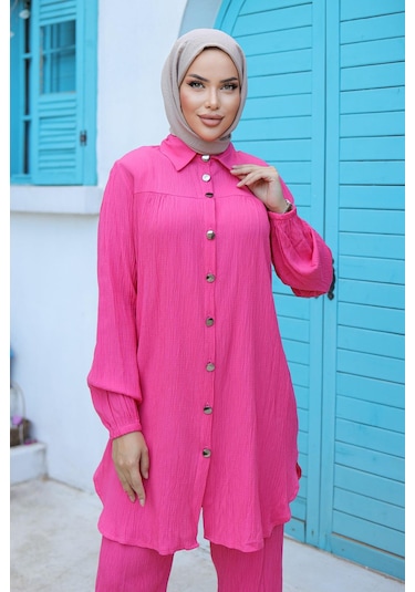 Büzgü Detaylı Tesettür Fuşya Takım Fuşya