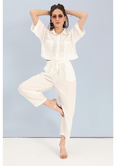 Takım Nakış Detaylı Viskon Gömlek Pantolon - Ekru-ekru Ekru