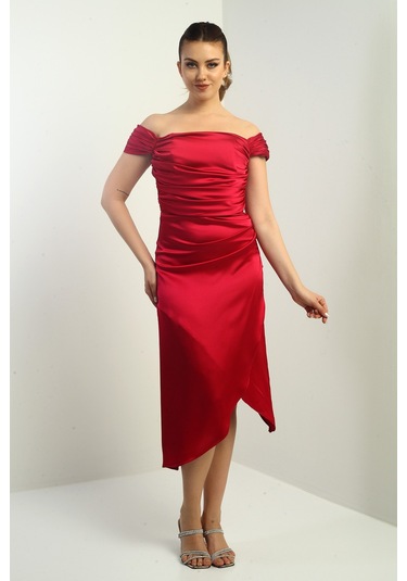 Kadın Madonna Yaka Drapeli Asimetrik Saten Kısa Elbise Mürdüm