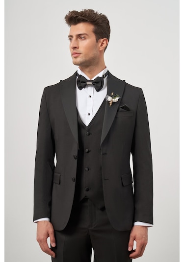 İmza Siyah Yelekli 6 Drop Slim Fit Ceremony Takım Elbise 1001240205 Siyah