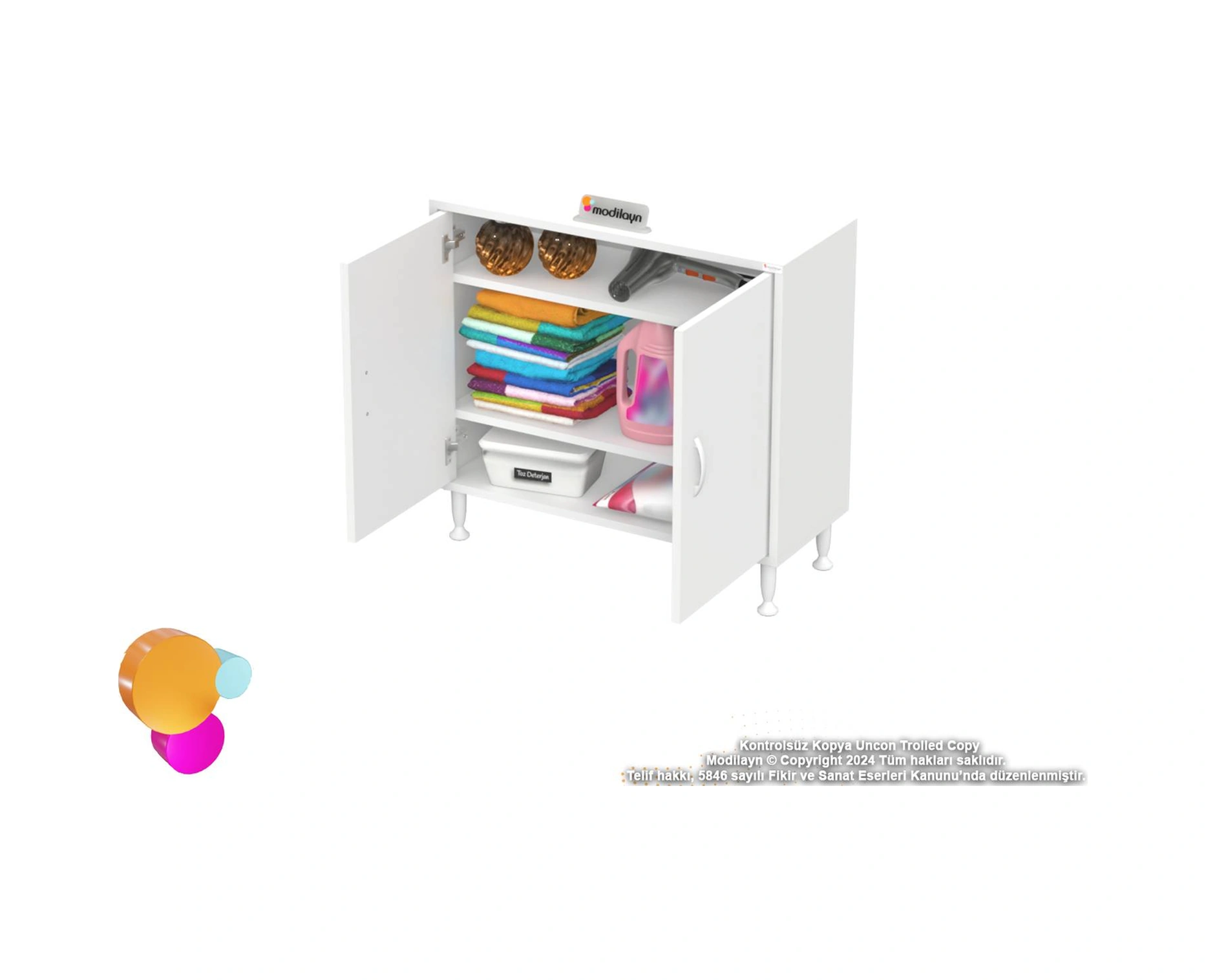 Efil Dolap Dar Alanlar İçin Çok Amaçlı Dolap 2 Kapaklı 3 Göz Raf Dolap 70x75x32,5 Cm Beyaz