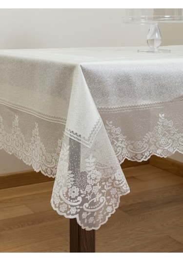 Çini Desenli Örme Leke Tutmaz Masa Örtüsü Ekru