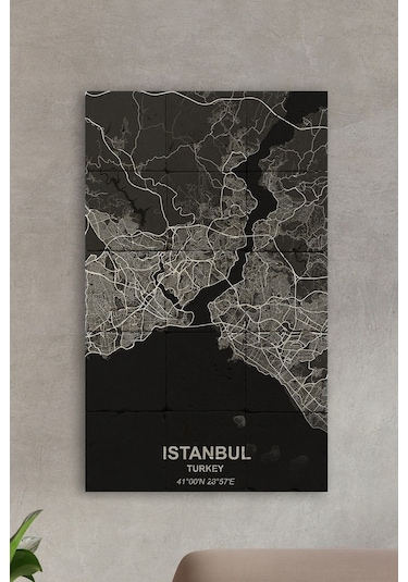 Doğal Taş Tablo - Istanbul Haritası Siyah- Duvar Dekoru 30x50cm