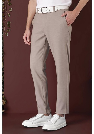 Slim Fit Yan Cepli Dokulu Esnek Casual Bej Pantolon P 1139 Bej