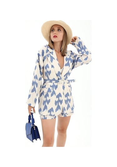 Kemerli Desenli Oversize Blazer Ceket - Mavi-mavi Mavi