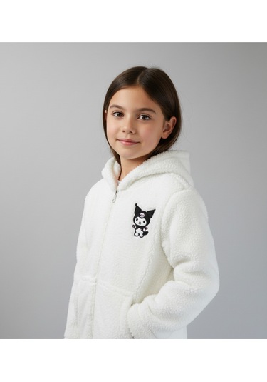 Kuromi Nakışlı Beyaz Pelüş Kapüşonlu Kız Çocuk Hırka Beyaz