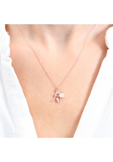 Işıltılı Manolya Çiçeği H Harfi Rose Renk Gümüş Harfli Kolye