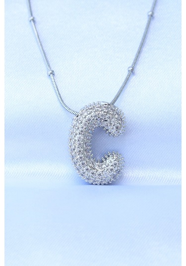 Forwhat Zarif Kadın İçin Silver Çelik Zincirli Zirkonlu C Harf Stil Baloncuk Kolye Metalik