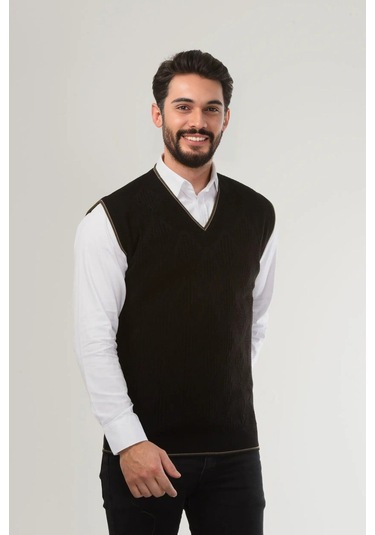 Kamalı Siyah Erkek V Yaka Triko Örgü Tüylenmez Süveter Regular Fit Saç Örgü Desenli Siyah