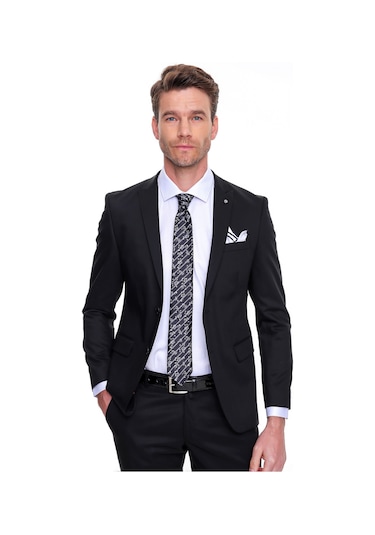 Morven Erkek Siyah Basic Düz Slim Fit Dar Kesim Çift Yırtmaç Tak - 498888096 Siyah