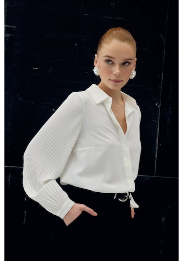 Sateen Plise Kollu Gömlek - Ekru-137087 ekru