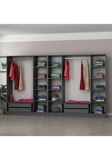 Minar Kale 7 Kapaklı 5 Aynalı 4 Çekmeceli Dolap Antrasit Dore 210cm