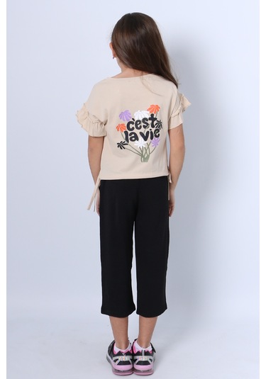 Kız Çocuk İkili Takım Sırt Baskılı Püsküllü Kolları Fıfırlı F20 Bej