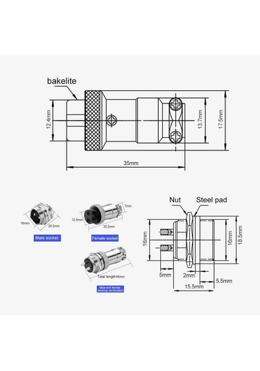 Mike Konnektör 2-pin 16mm - Dişi +erkek Takım