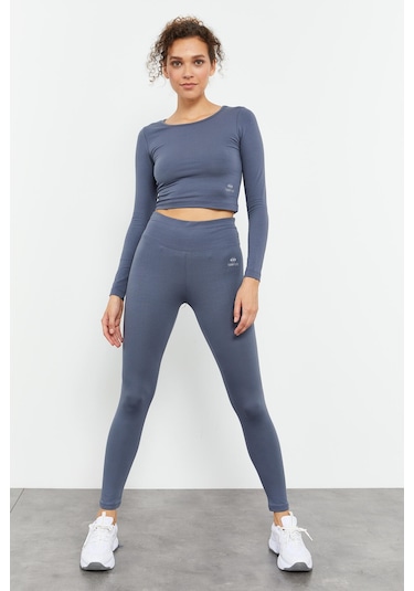 Tommy Life Petrol Uzun Kollu Dar Kalıp O Yaka Kadın Crop Top T-shirt - 97150 Petrol