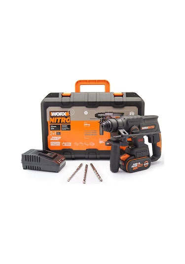 Worx WX381 20V 4.0Ah 2J Li-ion Tek Akülü Şarjlı Sds-Plus Pnömatik Kırıcı/Delici + 3 Parça Delme Ucu