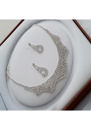 Ehediye Chavin Düğün Nişan Kına Damla Taşlı Kadın Kolye Küpe Set Eg90 Beyaz