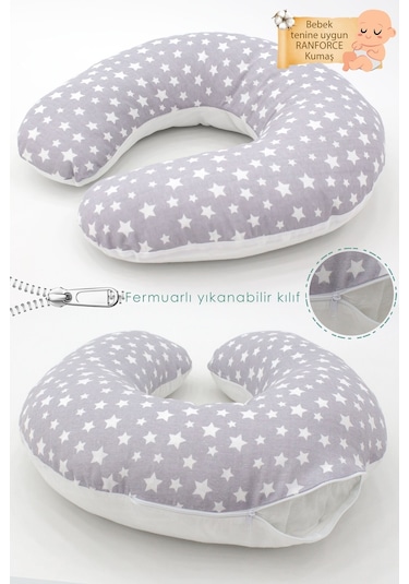 Çift Taraflı Emzirme Yastığı /bebek Destek Minderi, Hamile Yastığı, Pamuklu Kumaş, Stars Desen, Gri
